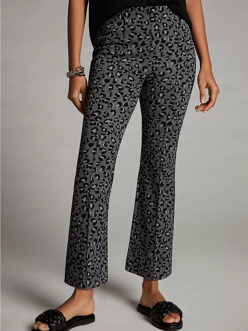 Anthropologie Maeve Mollie Flare Pants Leopard Print Cropped Black Gray M